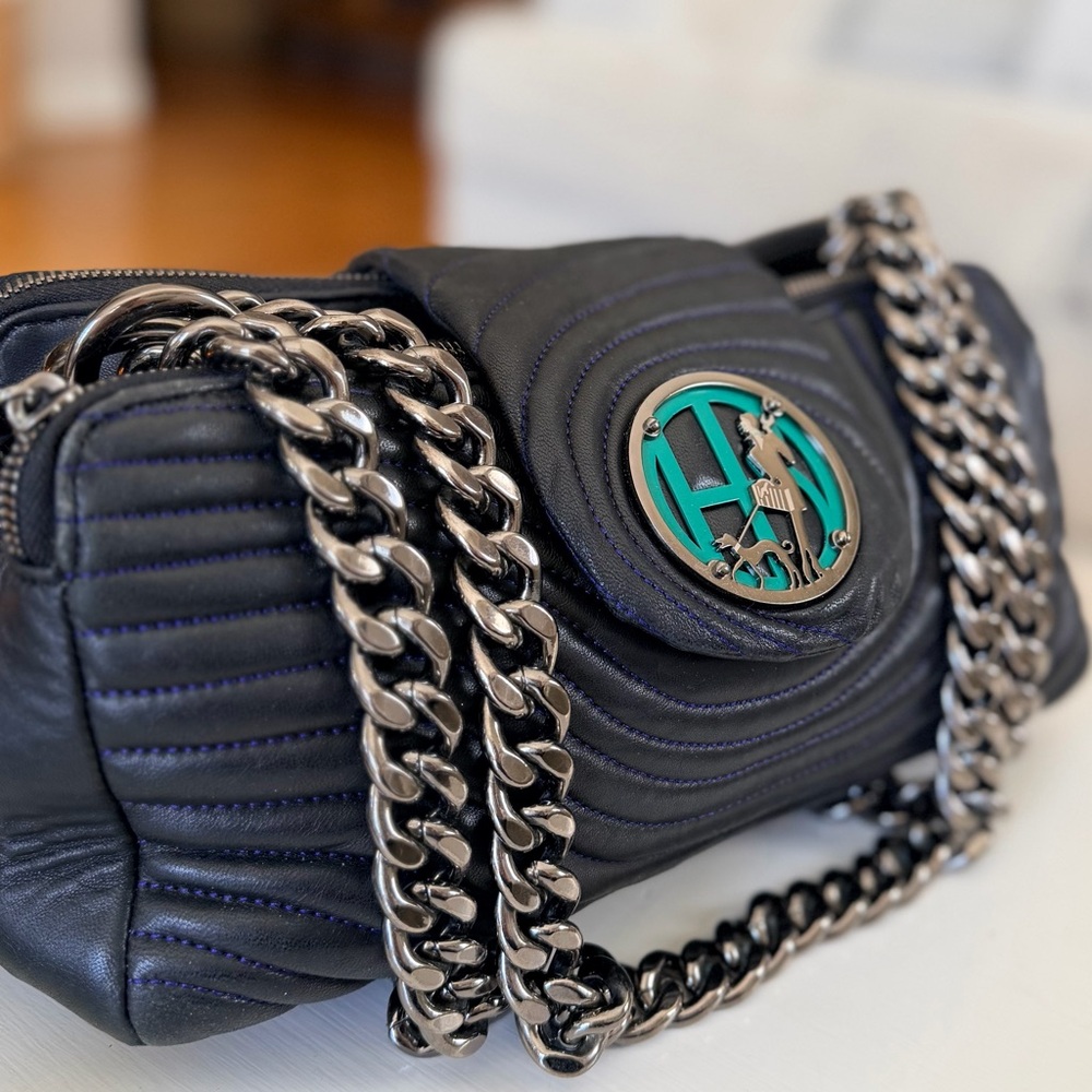 RARE Henri BENDEL No.7 Quilted Leather Shoulder Bag Pop Mix Black Multi Girl Dog - Picture 16 of 16
